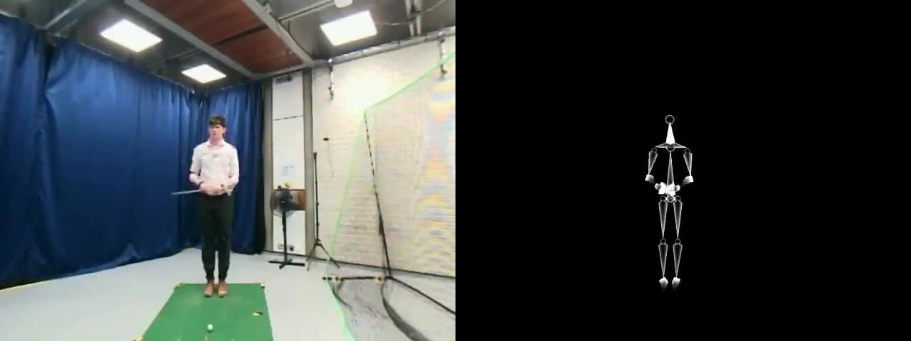 A golf swing on video beside its extracted 3D skeleton