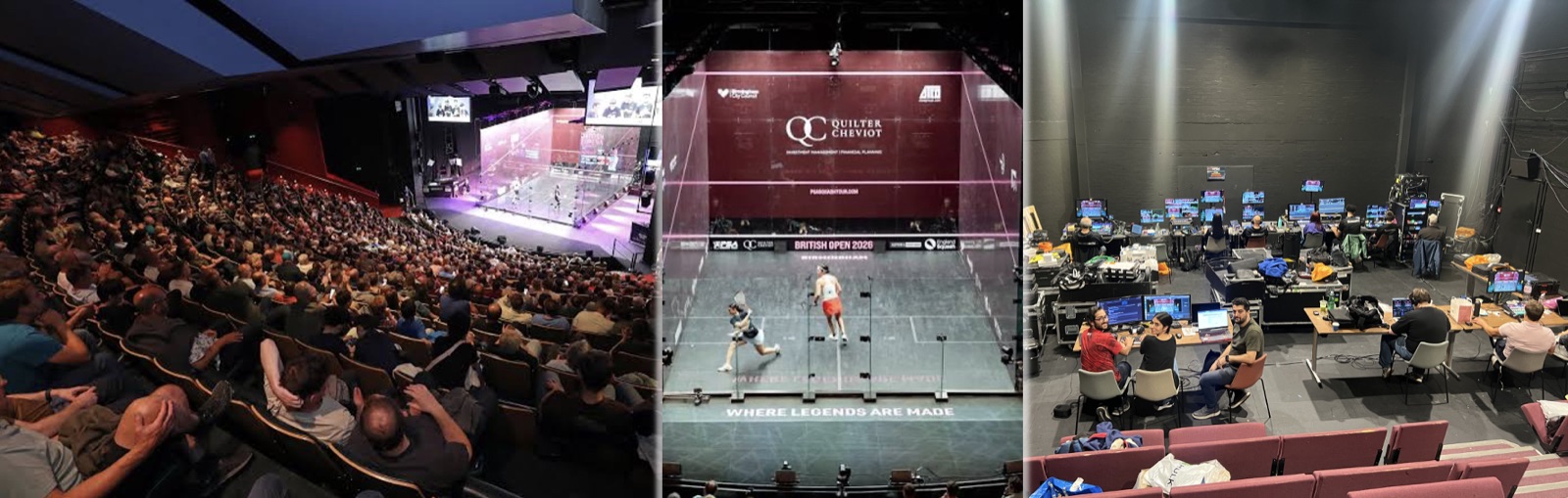 Research in the world: a packed auditorium, a professional squash tournament court, and a live broadcast production suite