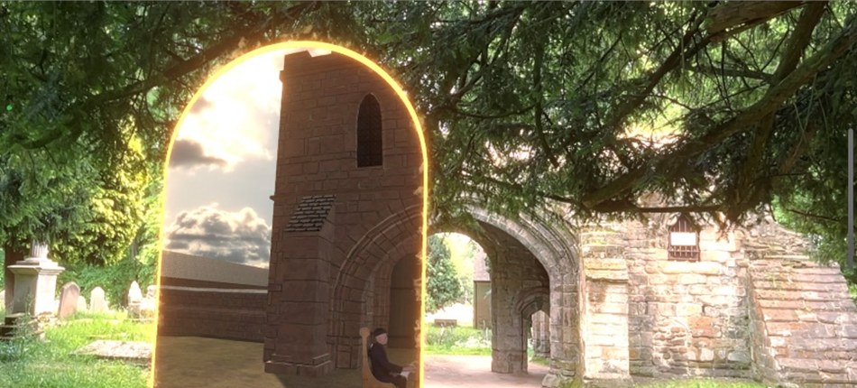 Augmented-reality view of the reconstructed Kenilworth gatehouse, seen through a glowing portal on site