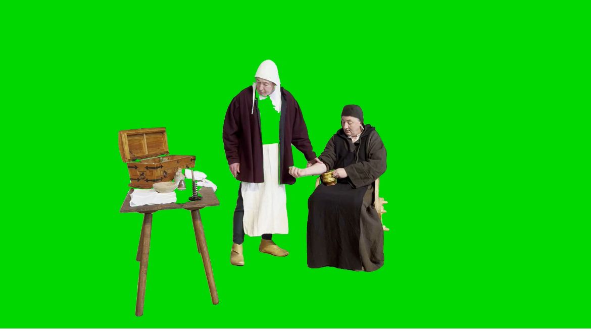 Costumed historical reenactors filmed against a green screen